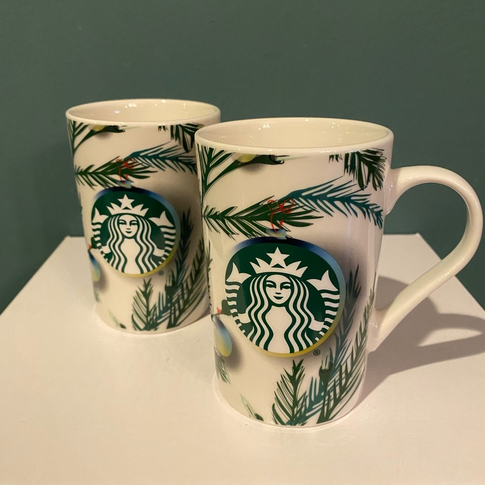 Pair of STARBUCKS 2020 Christmas Holiday Pine Branches Lights 11oz Coffee Mugs